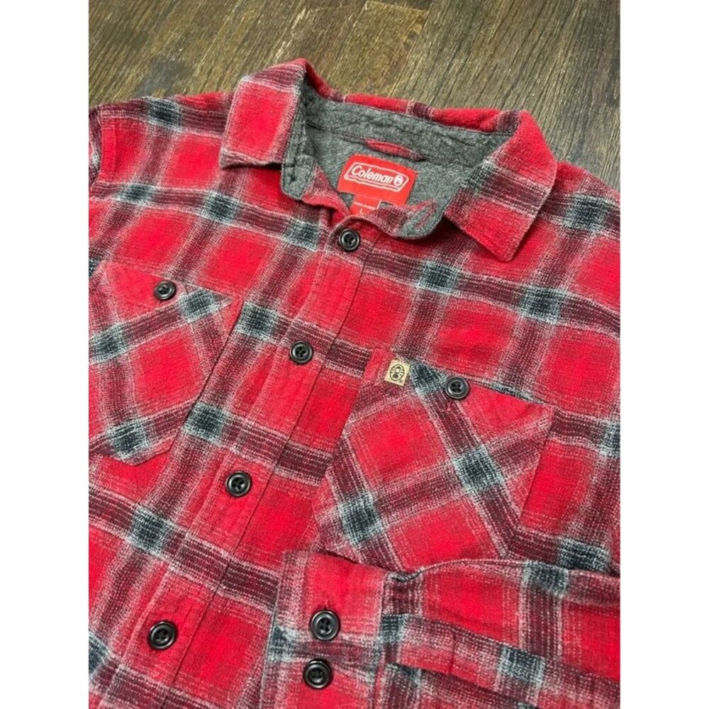 Coleman Men’s L Red Gray Black Plaid Cotton Flannel Button-Up Shirt Pockets